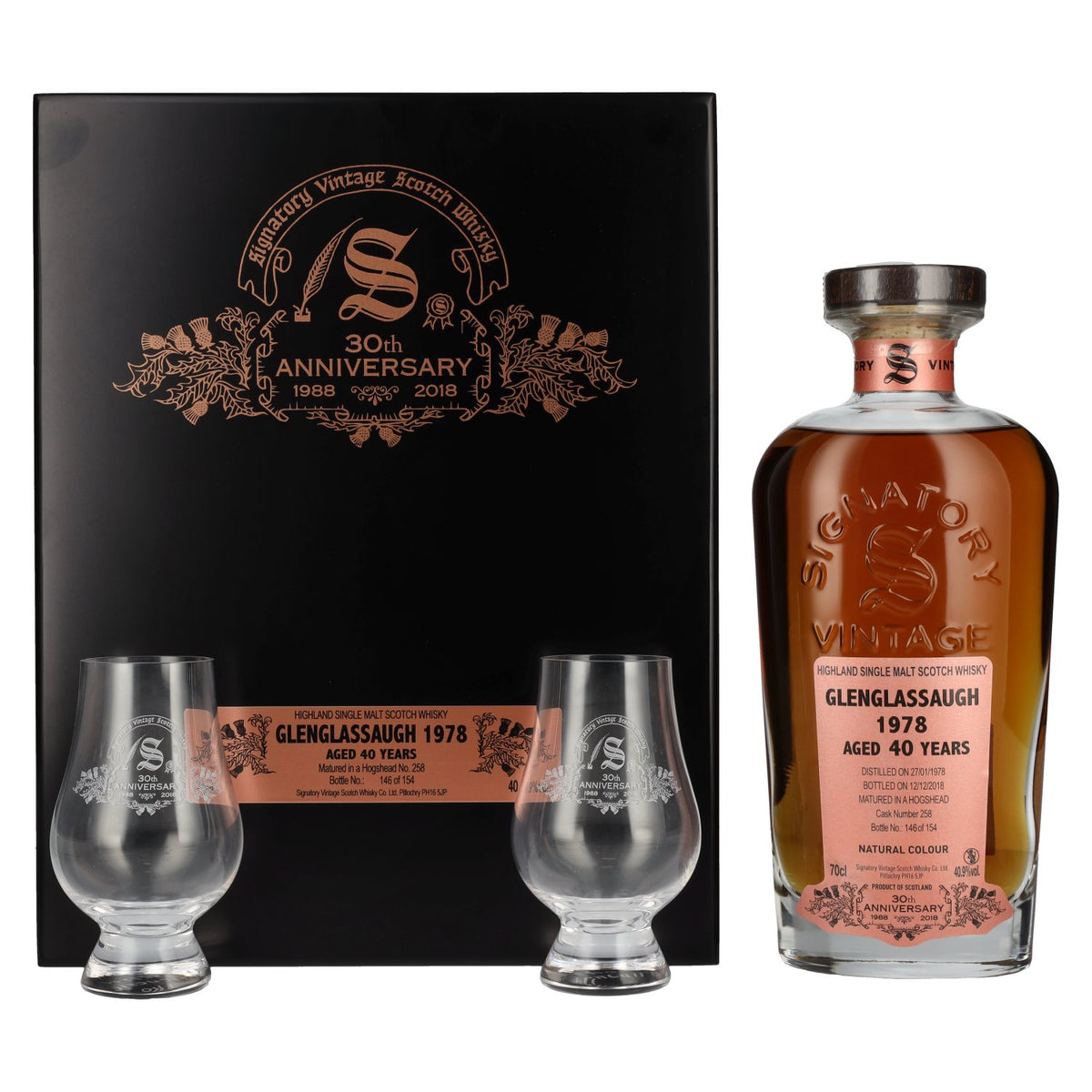 Signatory Vintage Glenglassaugh 40 ans d'âge 30e ANNIVERSAIRE 1978 40,9 % vol. 0,7 l dans un coffret en bois avec 2 verres