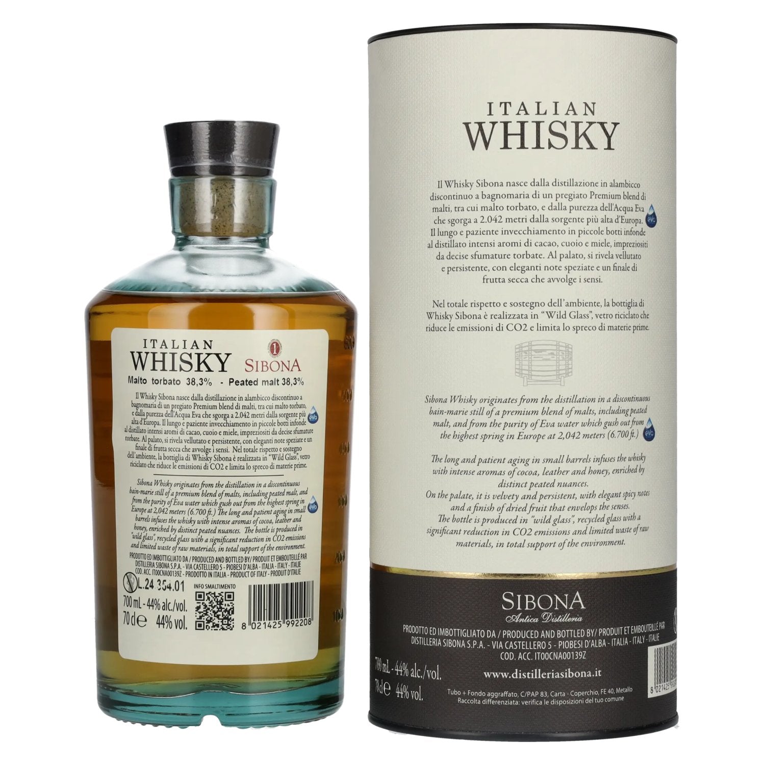 Sibona PREMIUM BLEND WITH Peated Malts Italiaanse whisky 44% Vol. 0.7l in geschenkverpakking