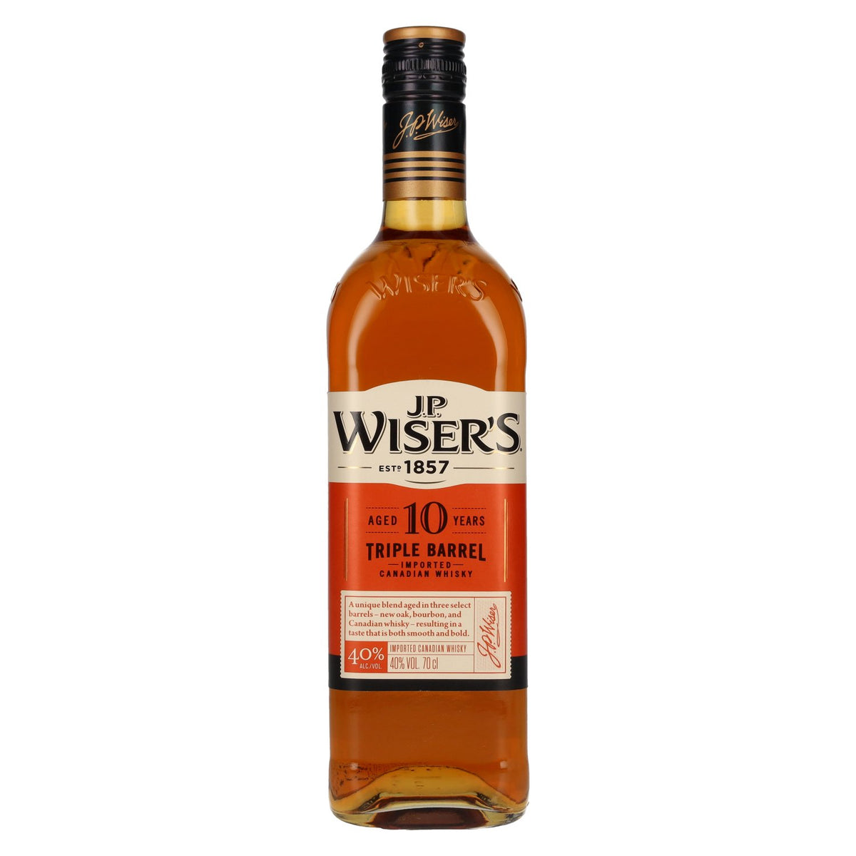 Whisky canadien J.P. Wiser's 10 ans d'âge Triple Barrel, 40 % vol., 0,7 l