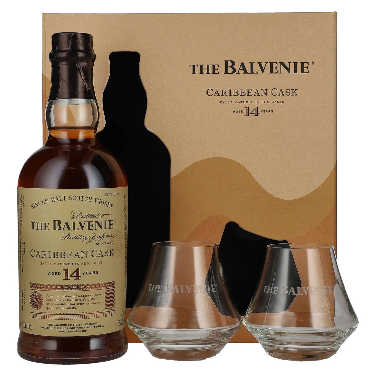 The Balvenie 14 Years Old Caribbean Cask Finish 43% Vol. 0,7l in Geschenkbox mit 2 Gläsern