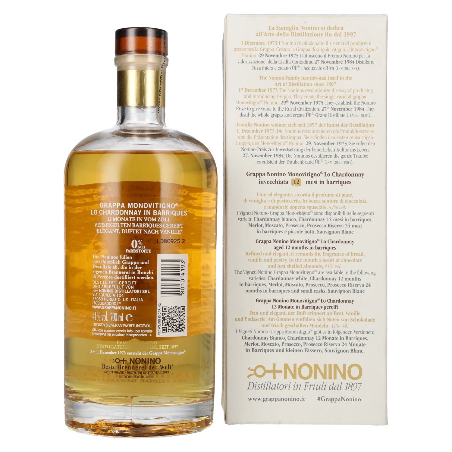 Nonino Grappa Chardonnay in barriques 41% Vol. 0,7l in geschenkverpakking