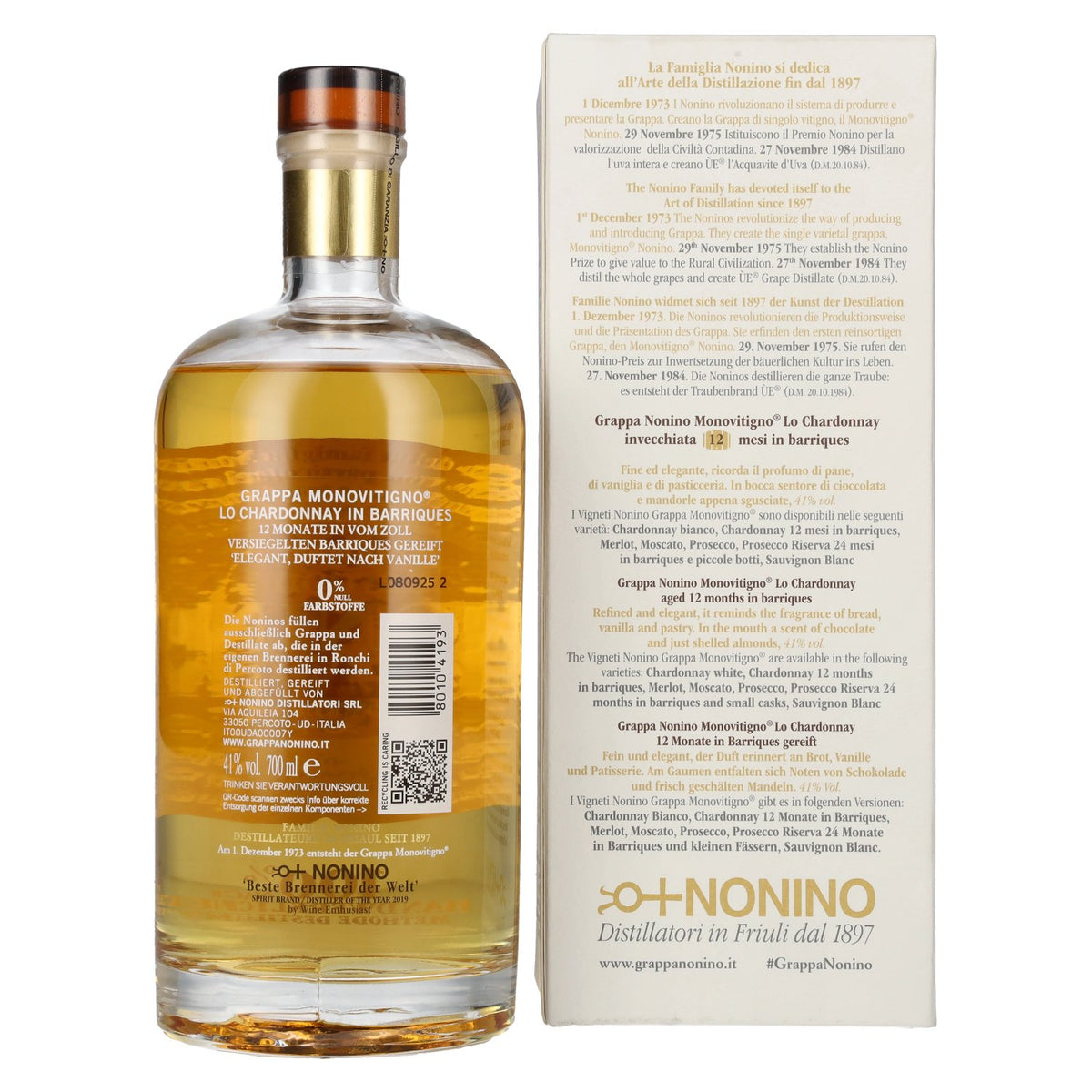 Nonino Grappa Chardonnay aged in barriques, 41% ABV, 0.7 litres, in a gift box