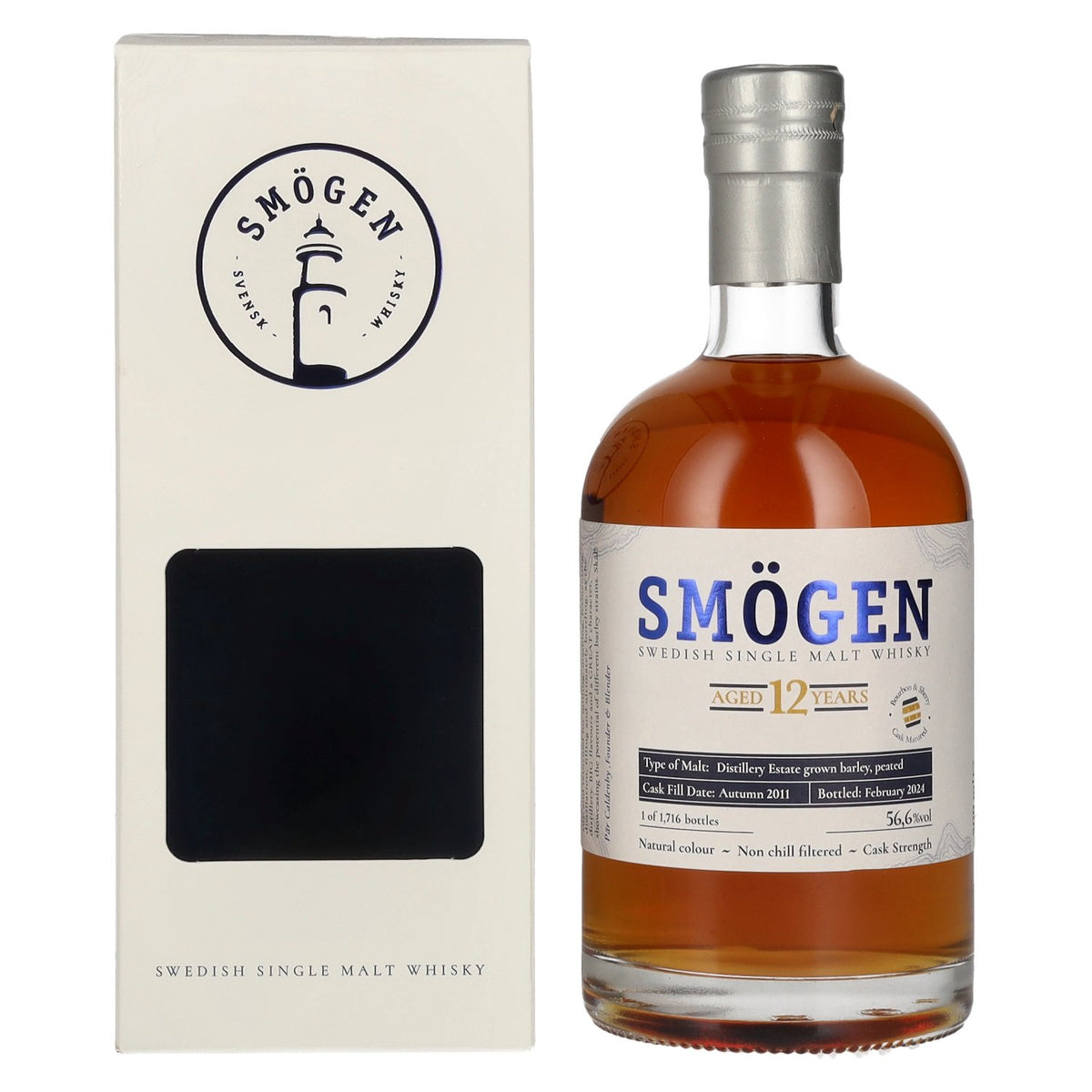 Smögen 12 ans d'âge, whisky single malt suédois d'orge issu de la distillerie, 56,6 % vol., 0,5 l, dans un coffret cadeau