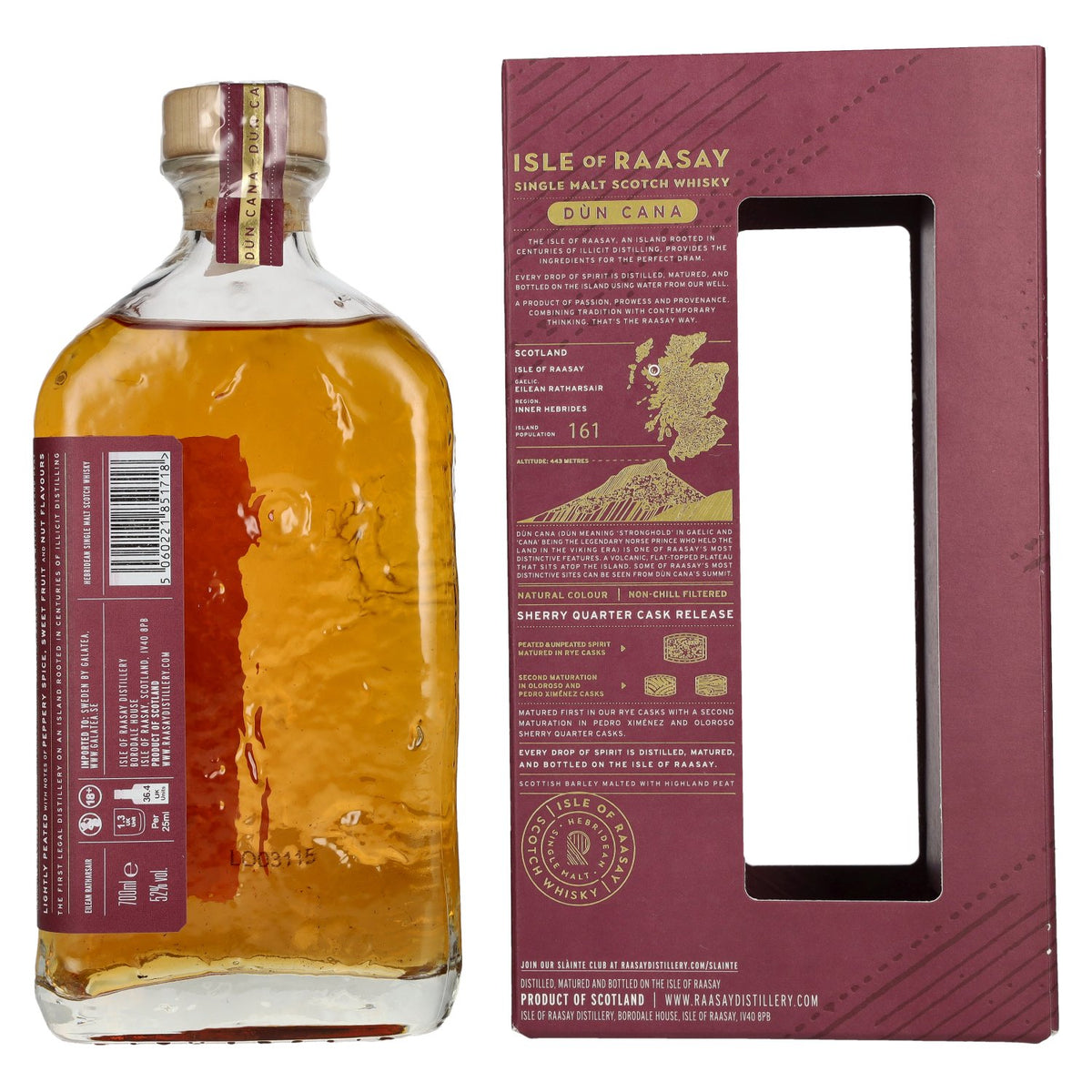 Isle of Raasay Dùn Cana, deuxième édition, single malt vieilli en fûts de sherry, édition limitée, 52 % vol., 0,7 l, dans un coffret cadeau