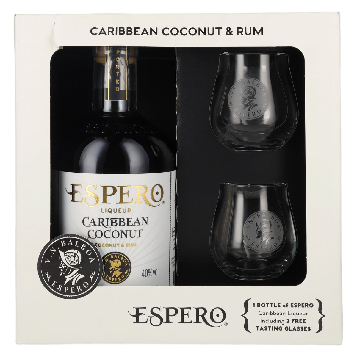 Ron Espero Caribbean Coconut & Rum Liqueur 40% Vol. 0,7l in Geschenkbox mit 2 Gläser