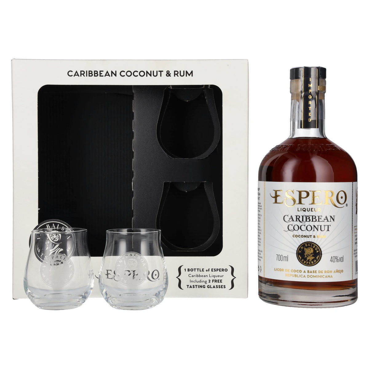 Ron Espero Caribbean Coconut &amp; Rum Likeur 40% vol. 0,7 l in geschenkverpakking met 2 glazen