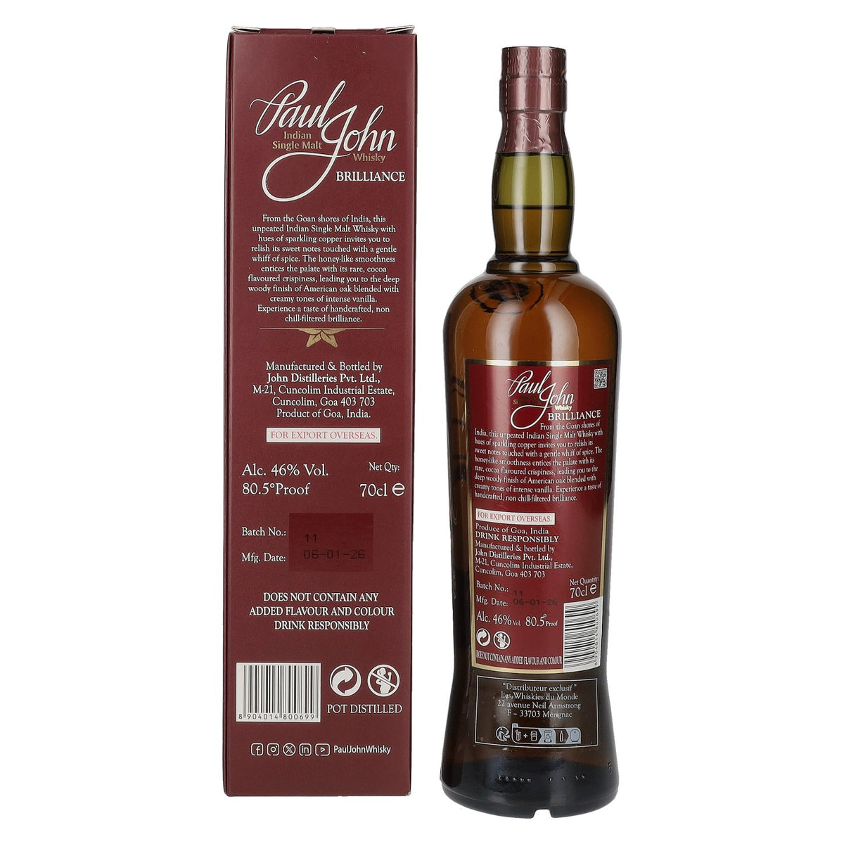Paul John BRILLIANCE Indian Single Malt Whisky 46% Vol. 0,7l in Geschenkbox