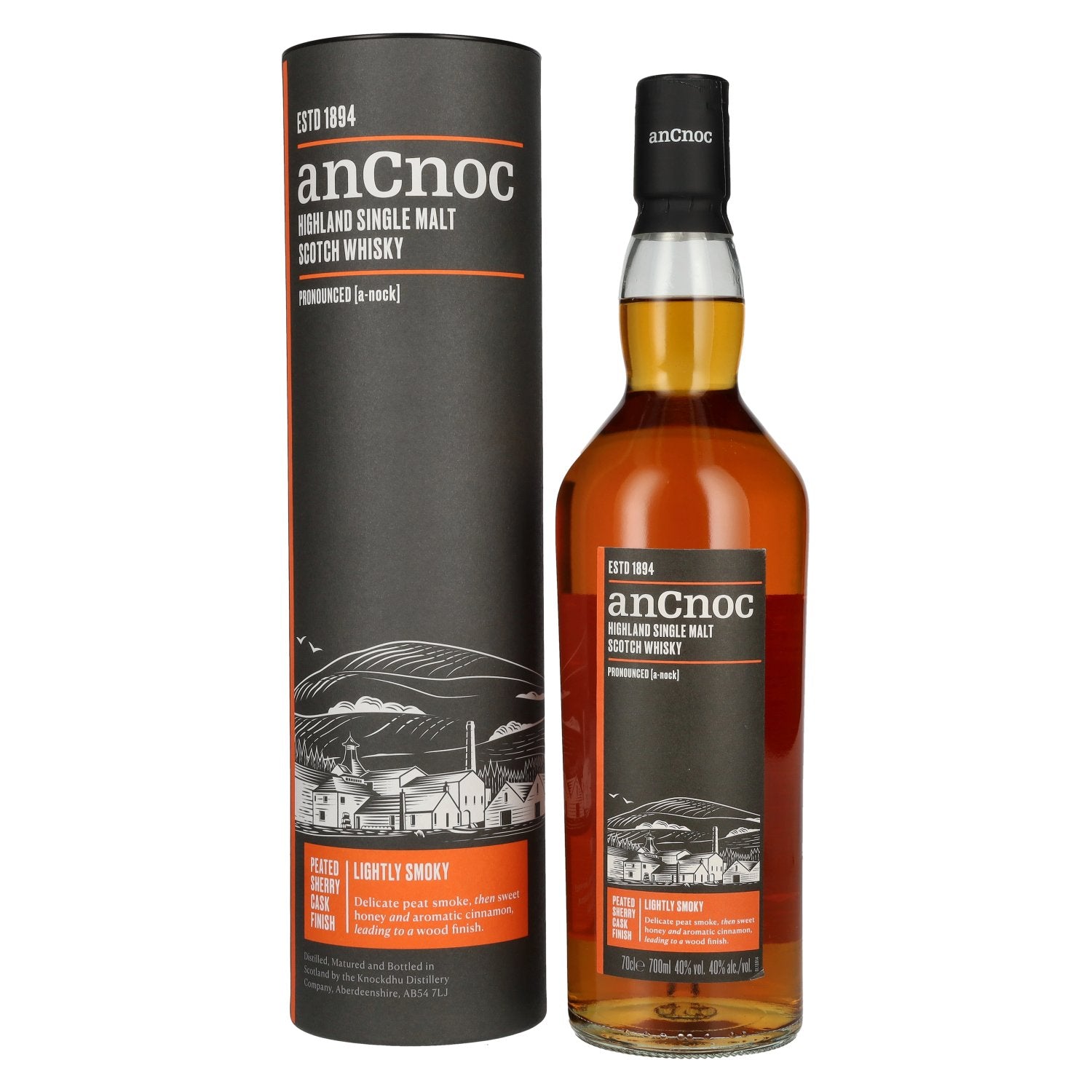 Whisky écossais single malt AnCnoc Highland, finition en fût de sherry tourbé, 40 % vol., 0,7 l, dans un coffret cadeau