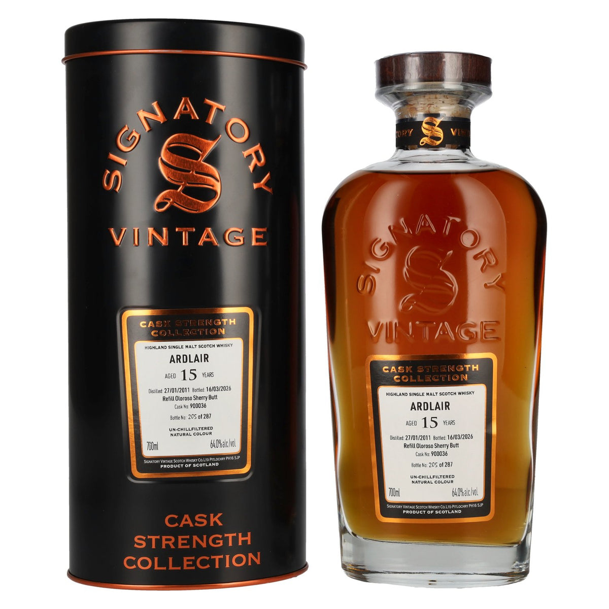 Signatory Vintage Ardlair 15 ans d'âge, rechargé en fût de sherry Oloroso, brut de fût 2011, 64 % vol., 0,7 l, dans une boîte en fer-blanc