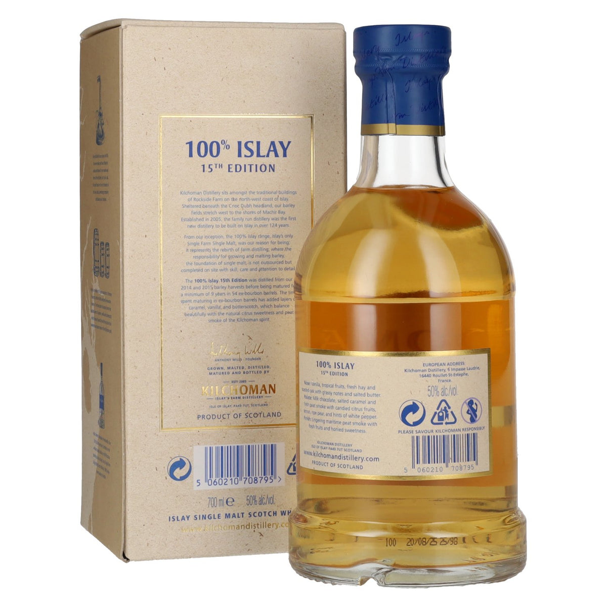 Kilchoman 100 % Islay, 15e édition, whisky single malt d'Écosse, 50 % vol., 0,7 l, dans un coffret cadeau