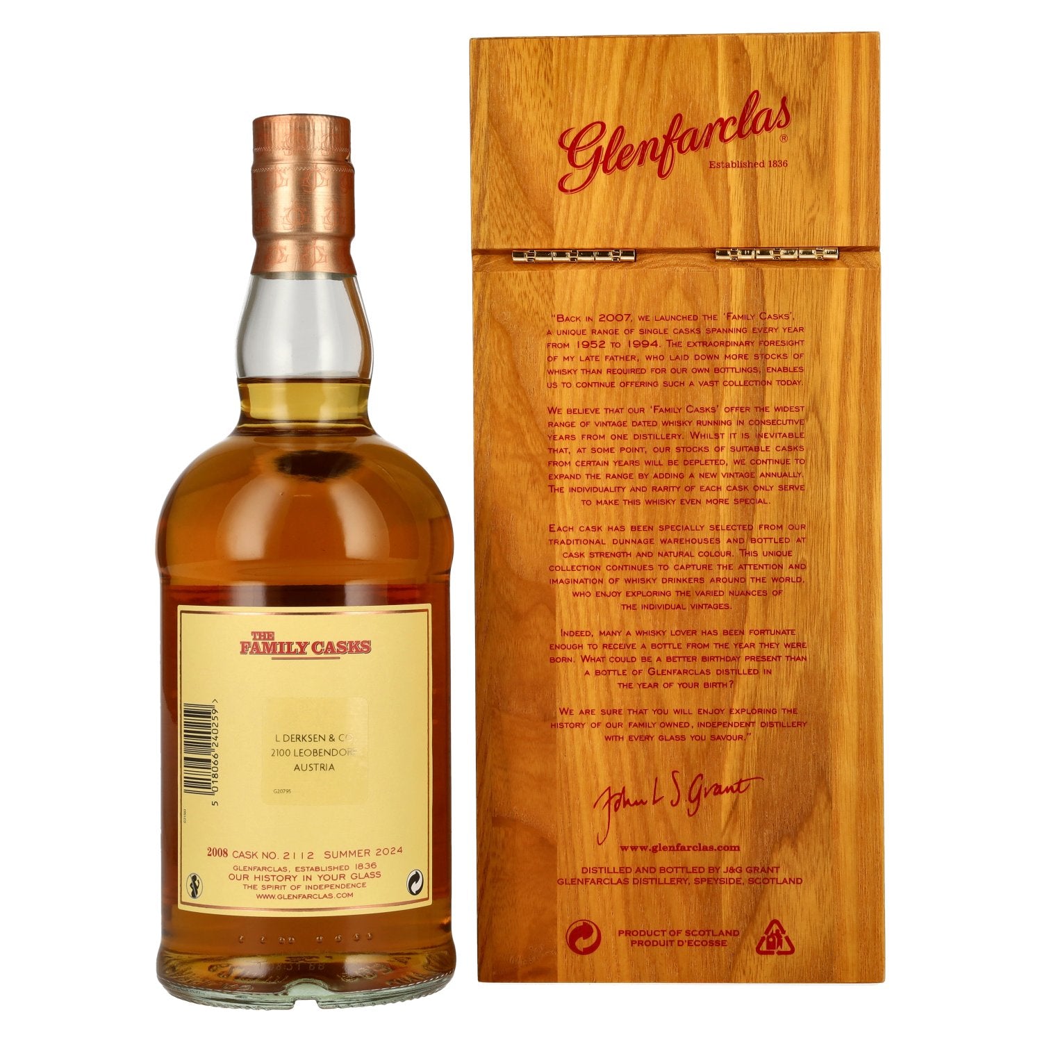 Glenfarclas THE FAMILY CASKS Single Cask SUMMER 2024 Plain Butt #2112 2008 57,7% Vol. 0,7l in wooden box
