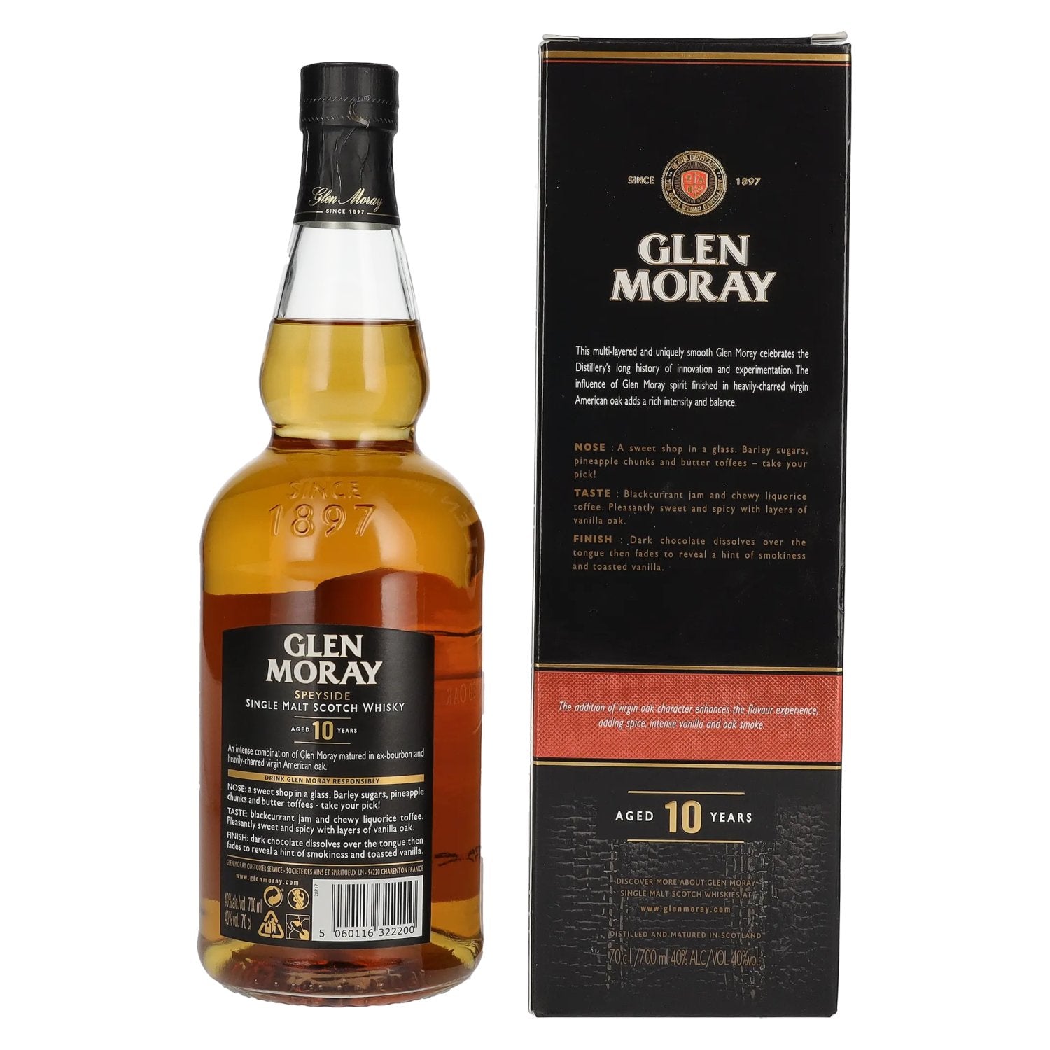 Glen Moray 10 Years Old Fired Oak Single Malt Scotch Whisky 40% Vol. 0,7l in gift box
