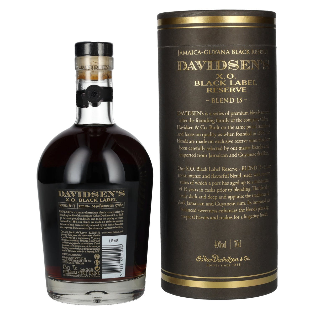 Davidsen's 15 X.O. Black Label Reserve 40 % vol., 0,7 l, dans un coffret cadeau