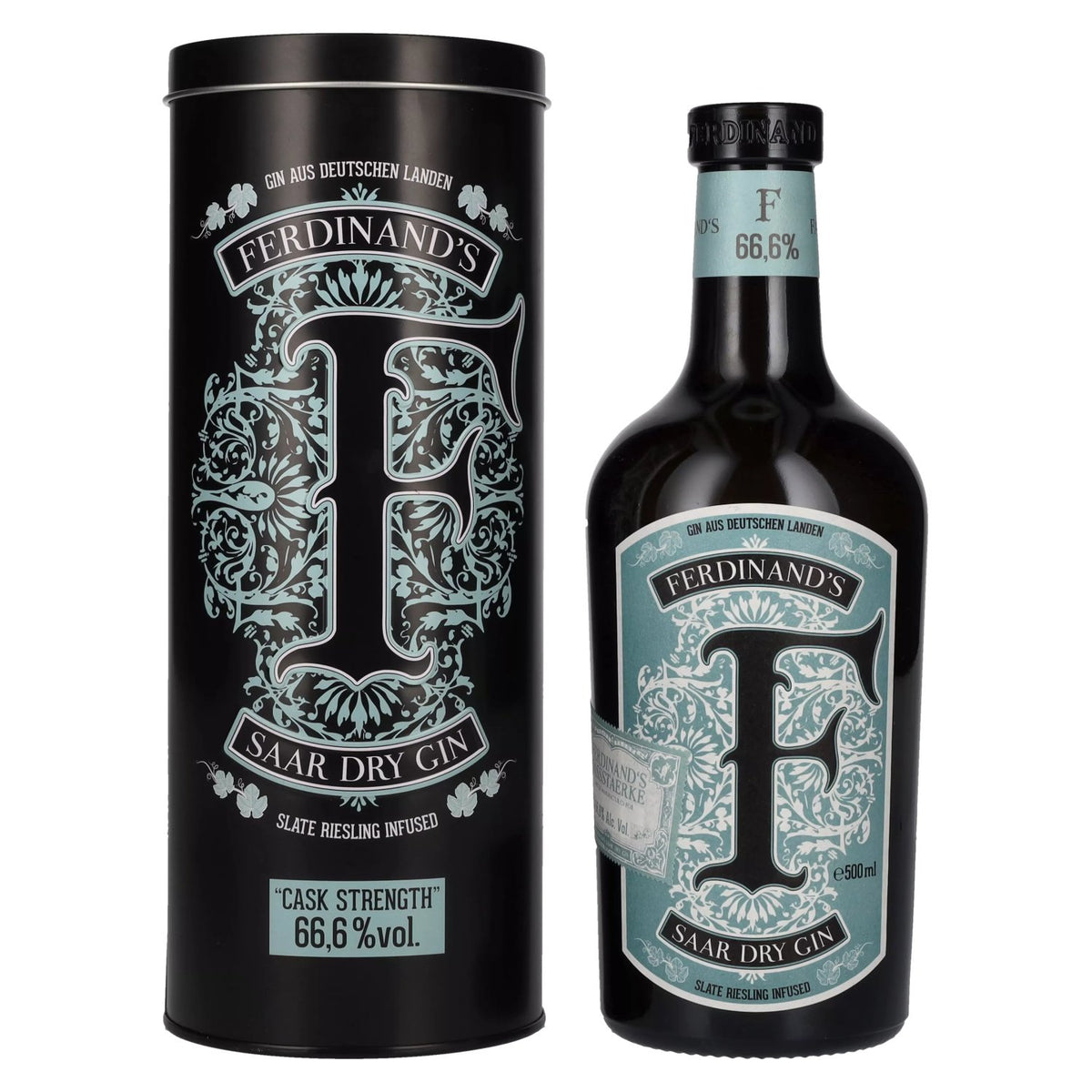 Ferdinand's Gin, brut de fût, 66,6 % vol., 0,5 l, dans une boîte en fer-blanc