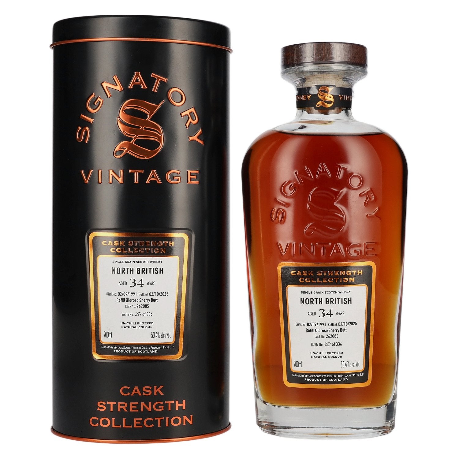 Signatory Vintage North British 34 ans d'âge, rechargé en fût d'Oloroso, brut de fût n° 262085, 1991, 50,4 % vol., 0,7 l dans une boîte en fer-blanc