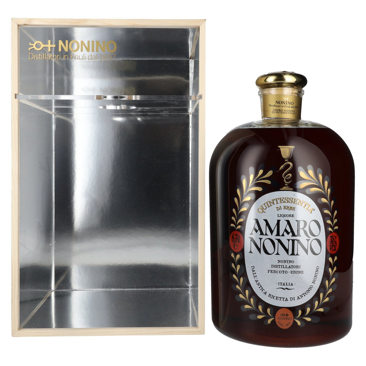 Amaro Nonino Quintessentia Di Erbe Liqueur 35% ABV, 6.3 litres, in a wooden box with a dosing pump