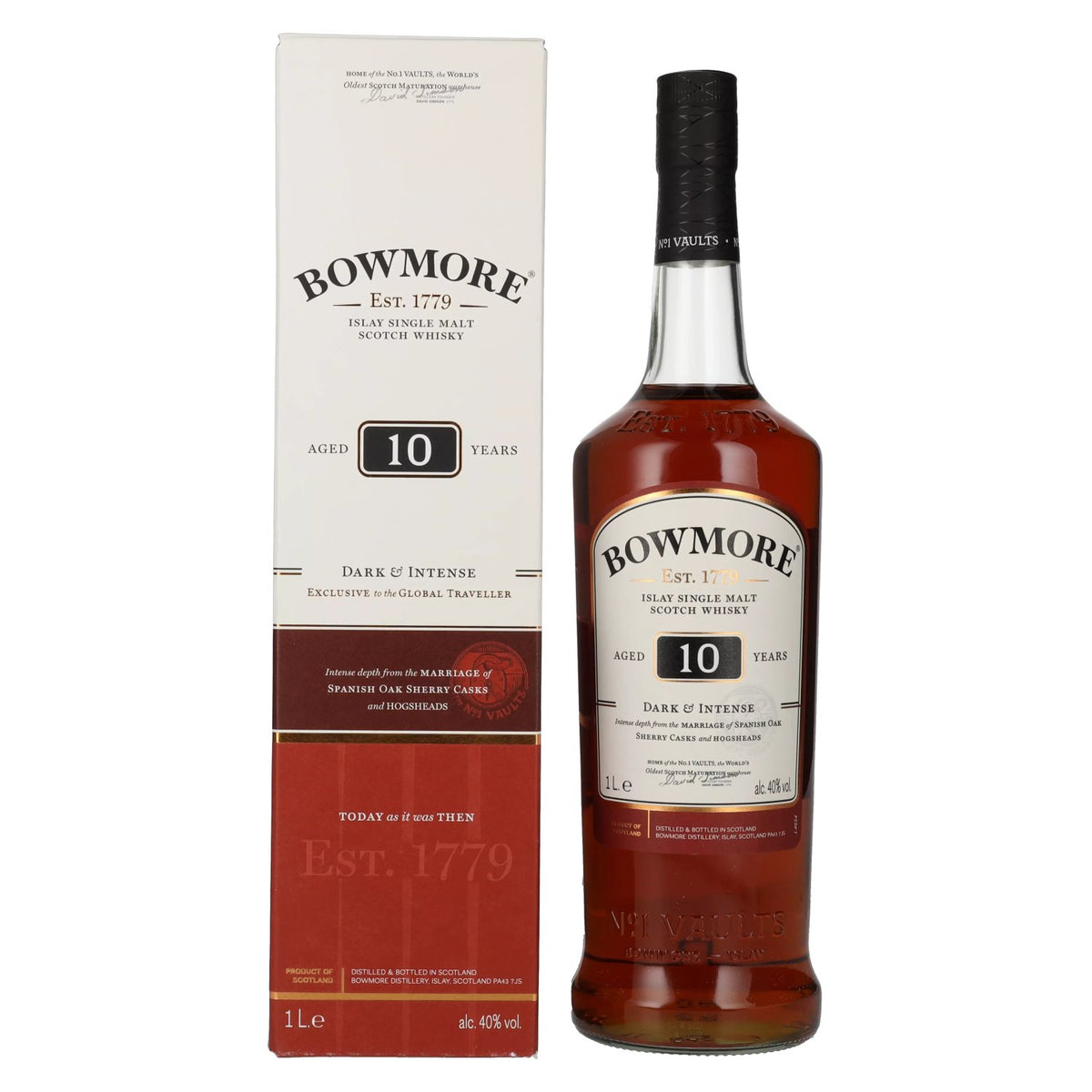 Bowmore 10 Years Old DARK &amp; INTENSE Travel Exclusief 40% Vol. 1l in geschenkverpakking