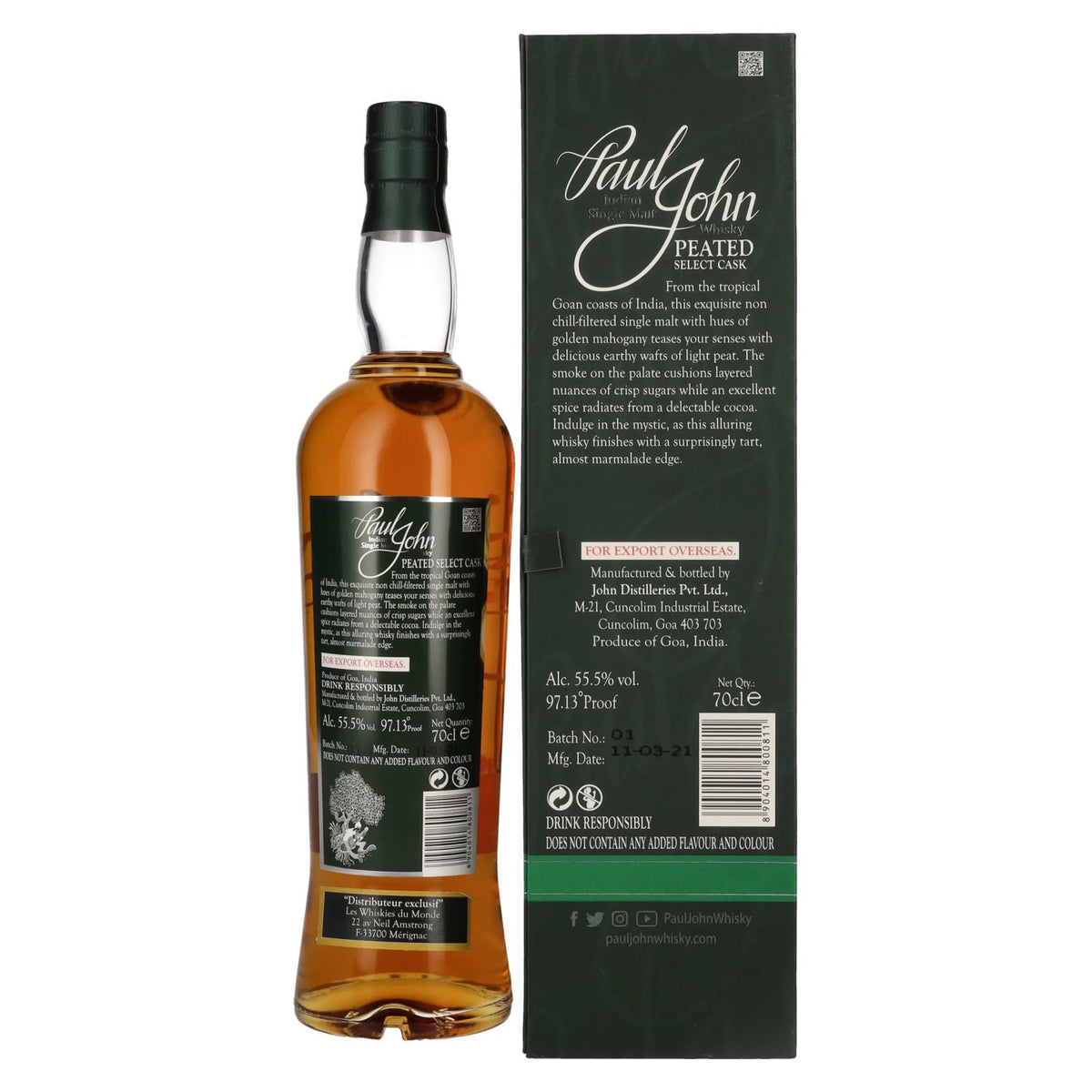Paul John PEATED SELECT CASK Indian Single Malt Whisky 55,5% Vol. 0,7l in Geschenkbox