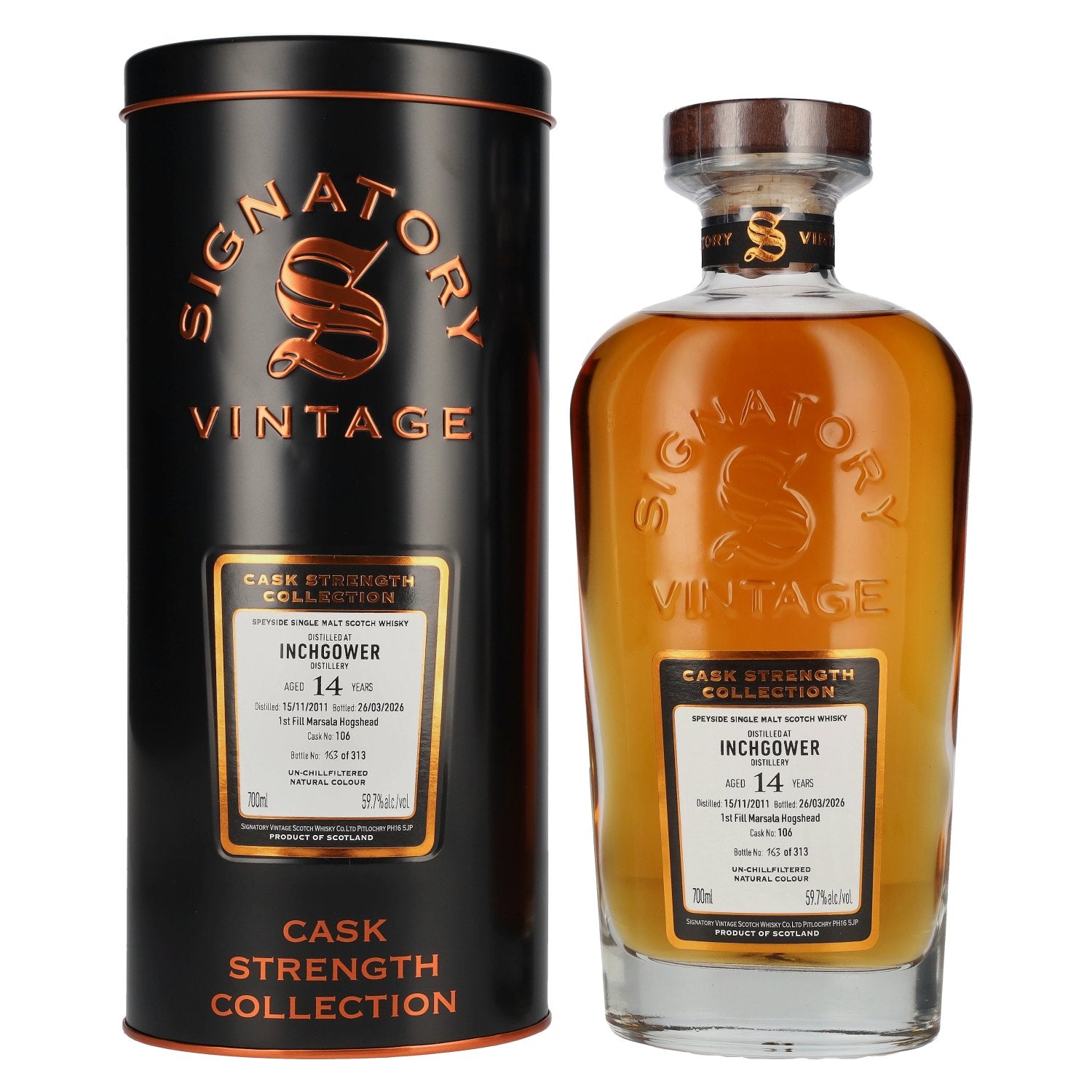 Signatory Vintage Inchgower 14 ans d'âge, premier remplissage en fût de Marsala, brut de fût n° 106, 2011, 59,7 % vol., 0,7 l dans une boîte en fer-blanc