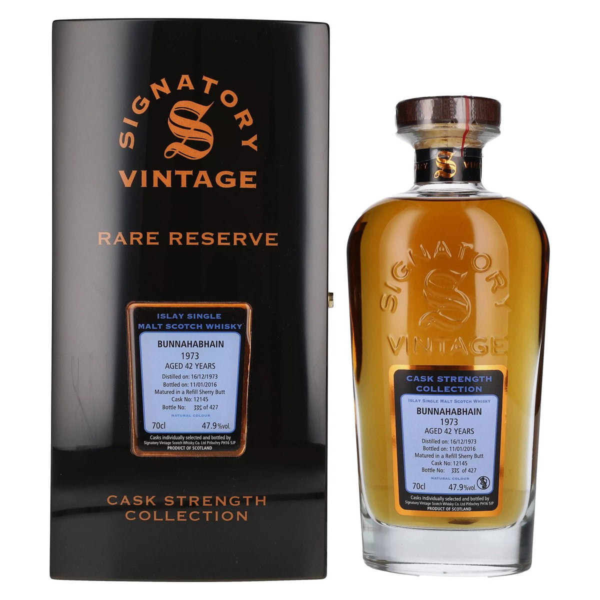Signatory Vintage Bunnahabhain 42 jaar oud RARE RESERVE Cask Strength 1973 47,9% vol. 0,7 l in houten kist