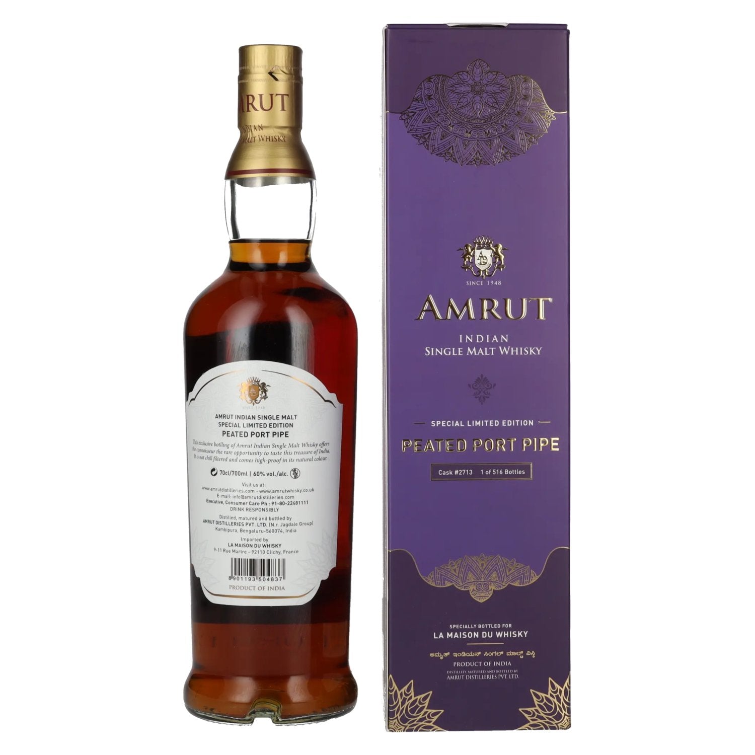 Amrut PORT PIPE Indian Single Malt Whisky 60% Vol. 0,7l in Geschenkbox