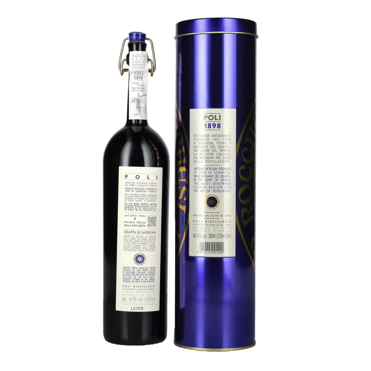 Grappa di Bolgheri Sassicaia Poli 2019 40% ABV 0.5l in a tin box