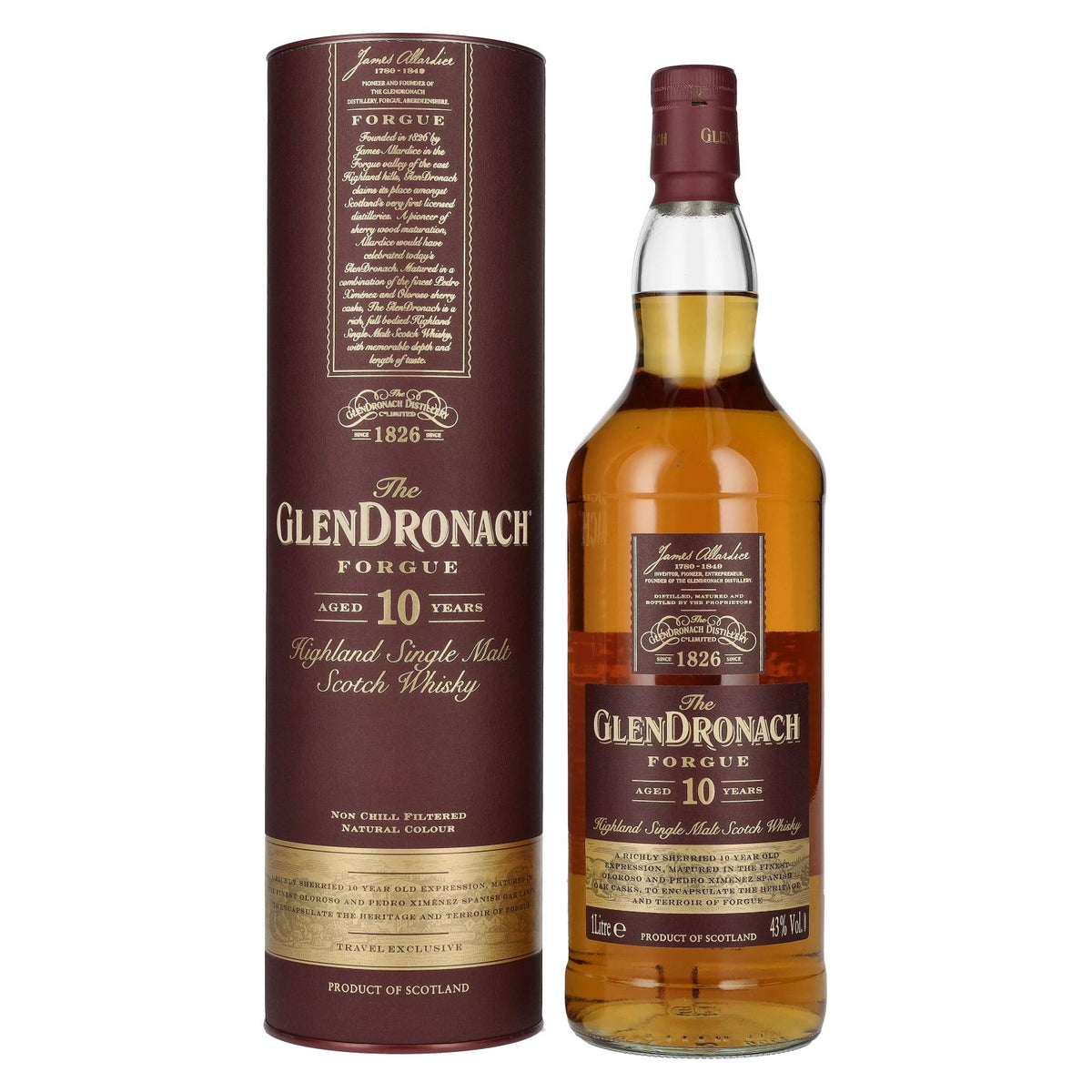 The GlenDronach 10 Years Old FORGUE Highland Single Malt 43% vol. 1 litre in a gift box