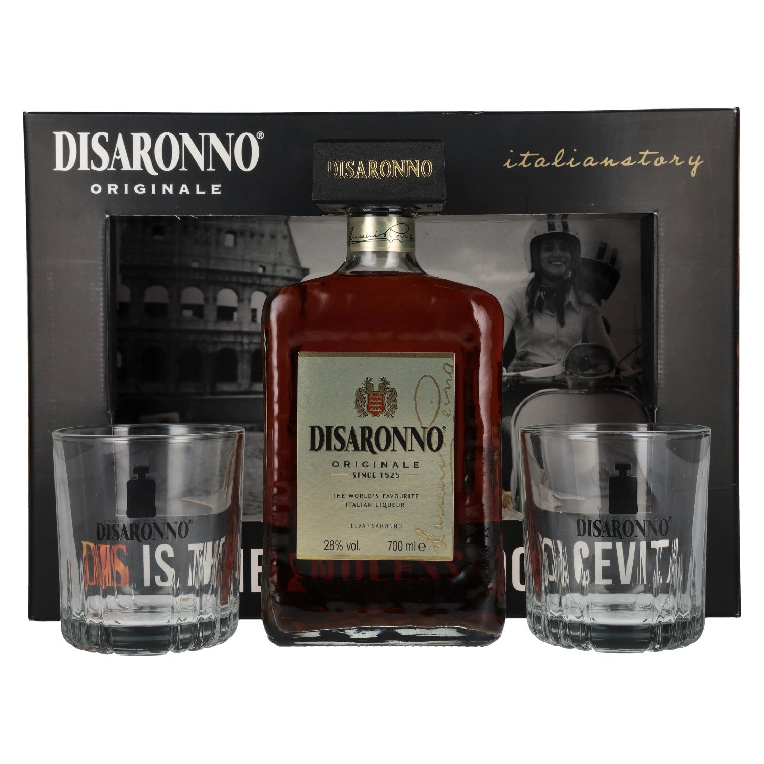 Disaronno Originale 28% ABV, 0.7 litres, in a gift box with 2 glasses