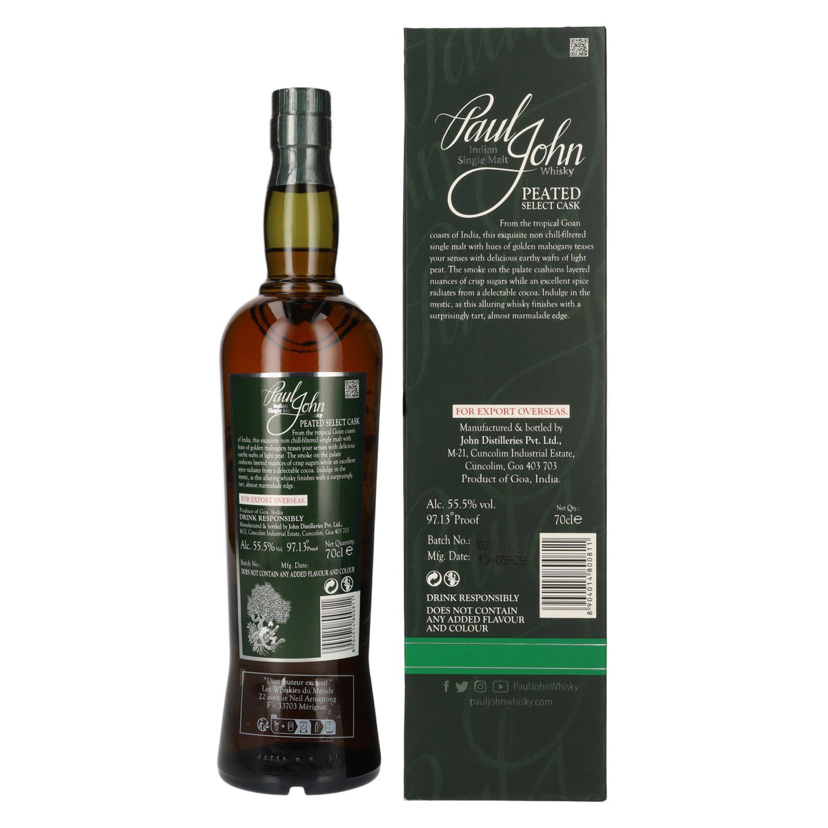 Paul John PEATED SELECT CASK Indian Single Malt Whisky 55,5% Vol. 0,7l in Geschenkbox