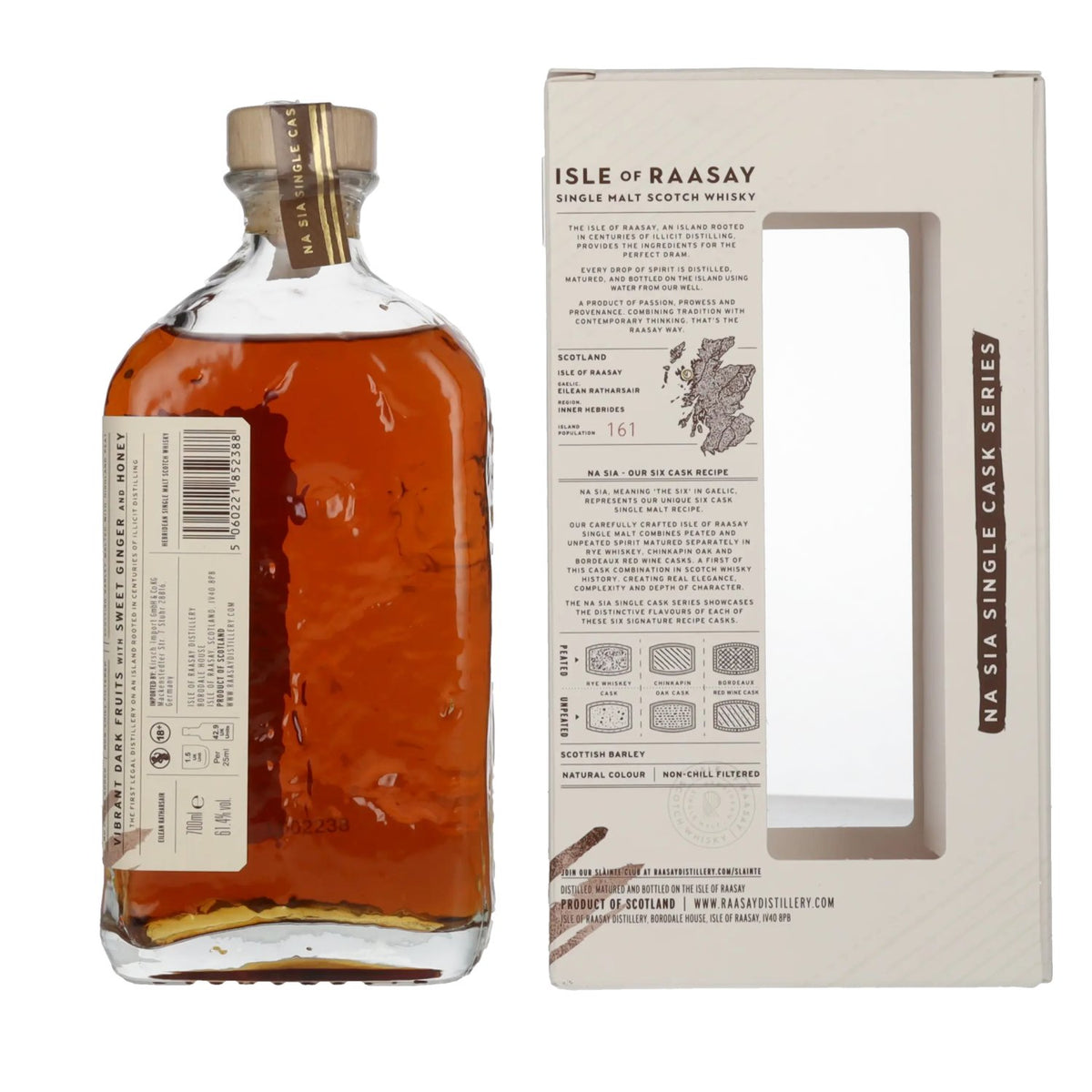 Isle of Raasay 5 ans d'âge, Single Malt vieilli en fûts de chêne chinkapin, 61,4 % vol., 0,7 l, dans un coffret cadeau