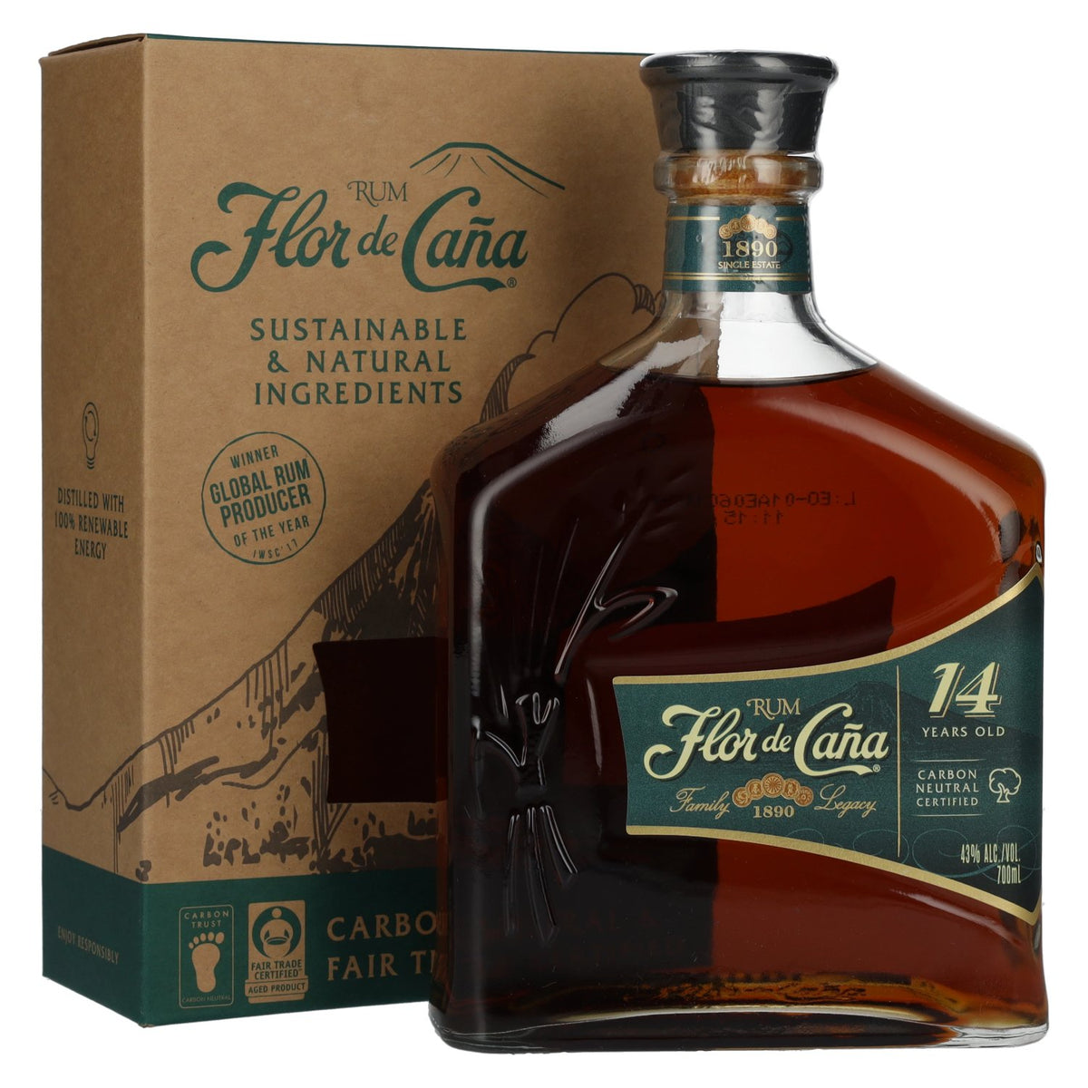 Flor de Caña 14-Year-Old Rum 43% ABV, 0.7 l, in a gift box