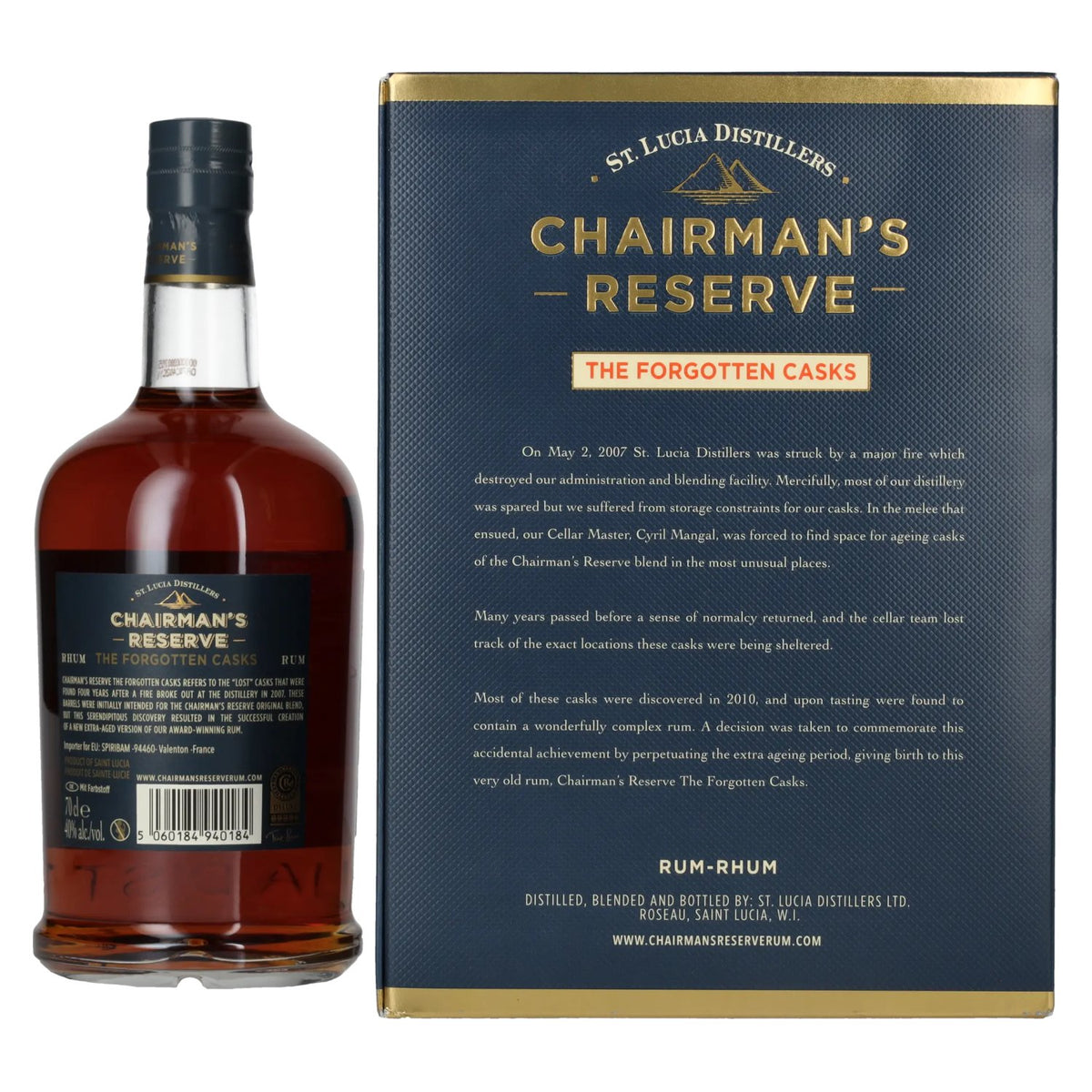 Chairman's Reserve THE FORGOTTEN CASKS Rhum de Sainte-Lucie de première qualité, 40 % vol., 0,7 l, dans un coffret cadeau avec 2 verres