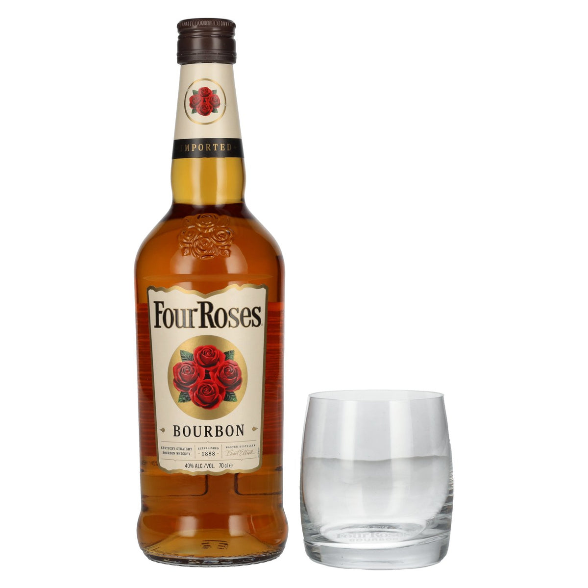 Four Roses Bourbon 40% vol. 0,7 l met whiskyglas