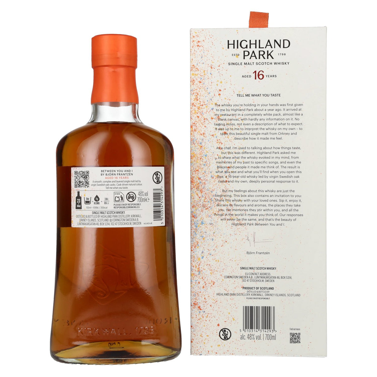 Highland Park 16 ans d'âge « BETWEEN YOU AND I » de Björn Frantzen, whisky single malt écossais, 48 % vol., 0,7 l, dans un coffret cadeau