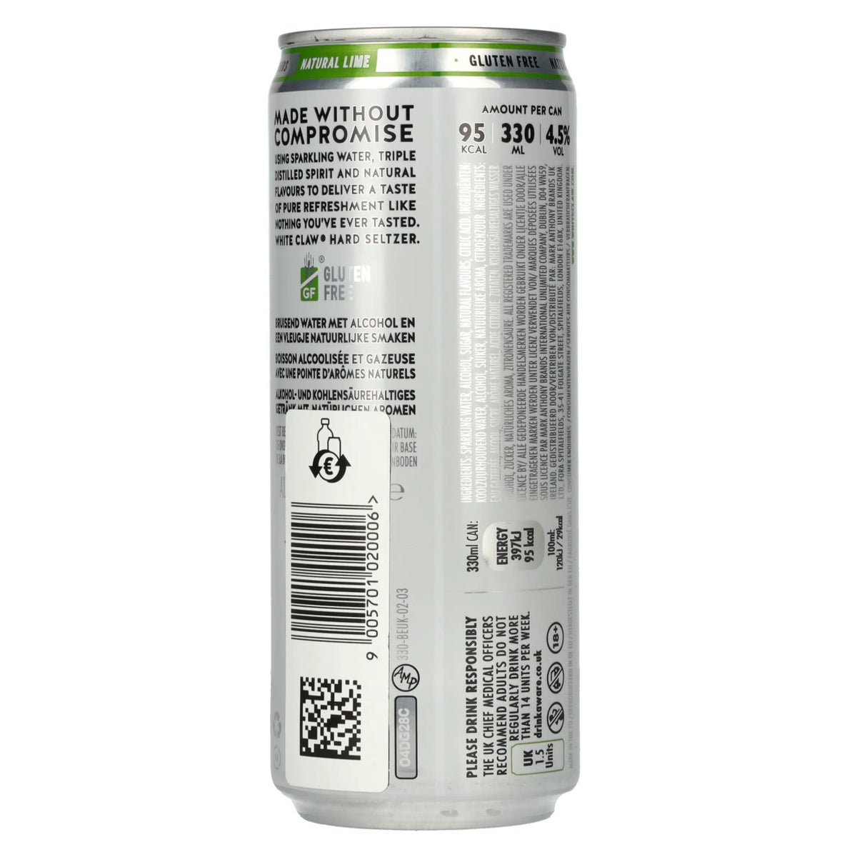 White Claw Hard Seltzer Natural Lime 4,5% vol. Blikje van 0,33 l, statiegeld