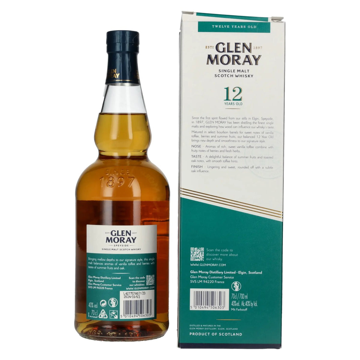 Glen Moray 12 ans d'âge, élevé en fûts de bourbon, 40 % vol., 0,7 l, dans un coffret cadeau