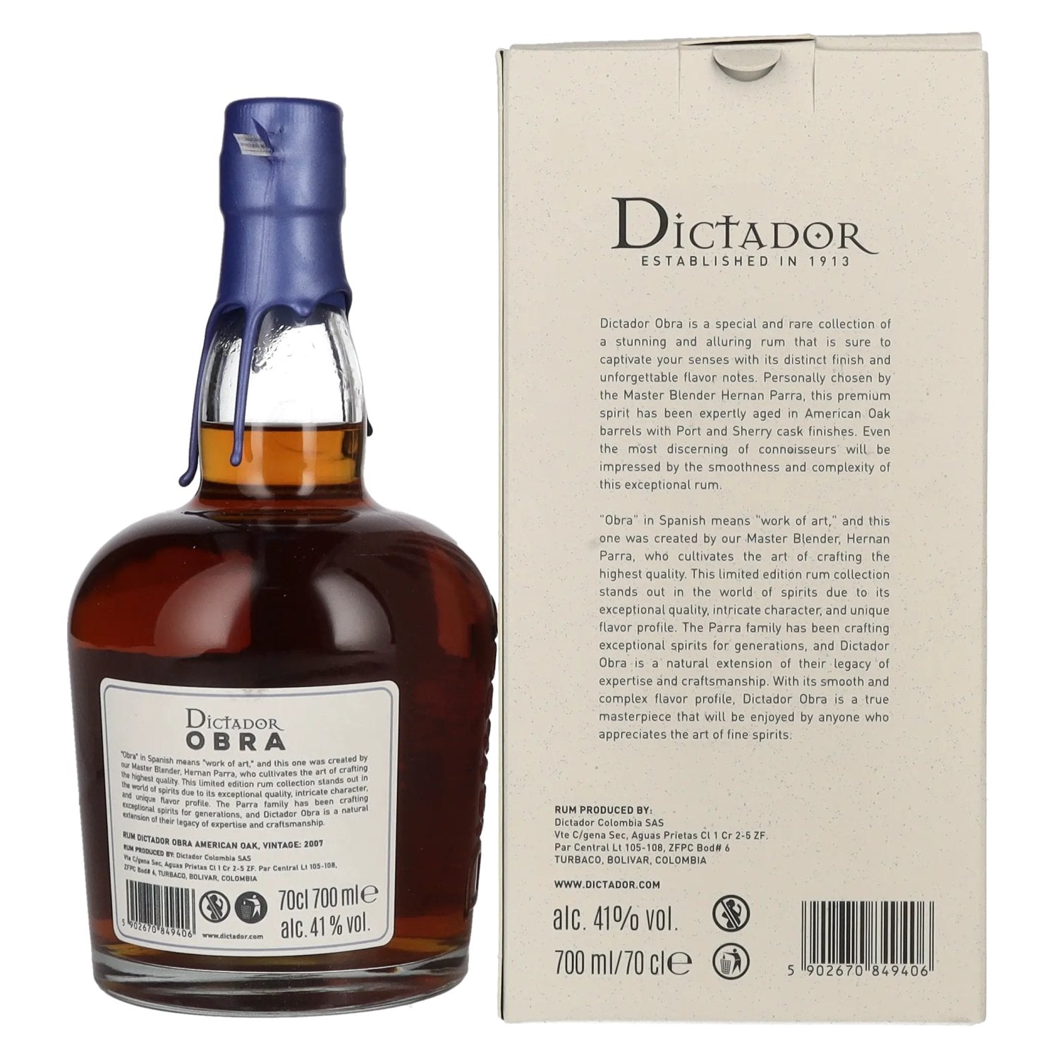 Dictador OBRA VINTAGE 16 Years Old AMERICAN OAK CASK Rum 2007 41% vol. 0,7l en boîte cadeau
