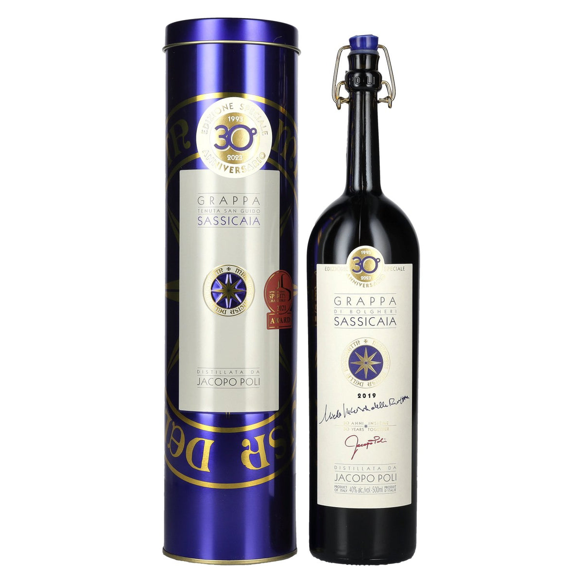 Grappa di Bolgheri Sassicaia Poli 2019 40% ABV 0.5l in a tin box