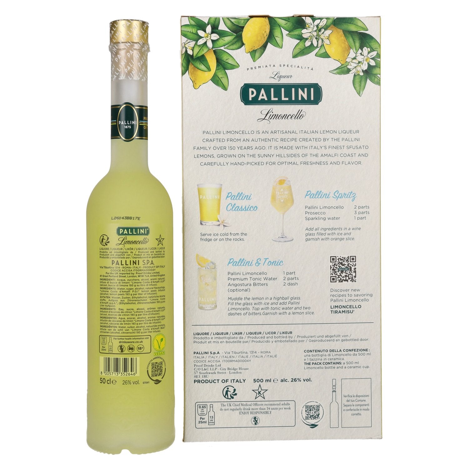 Pallini Limoncello Liqueur 26% Vol. 0.5l in gift box with ceramic mug