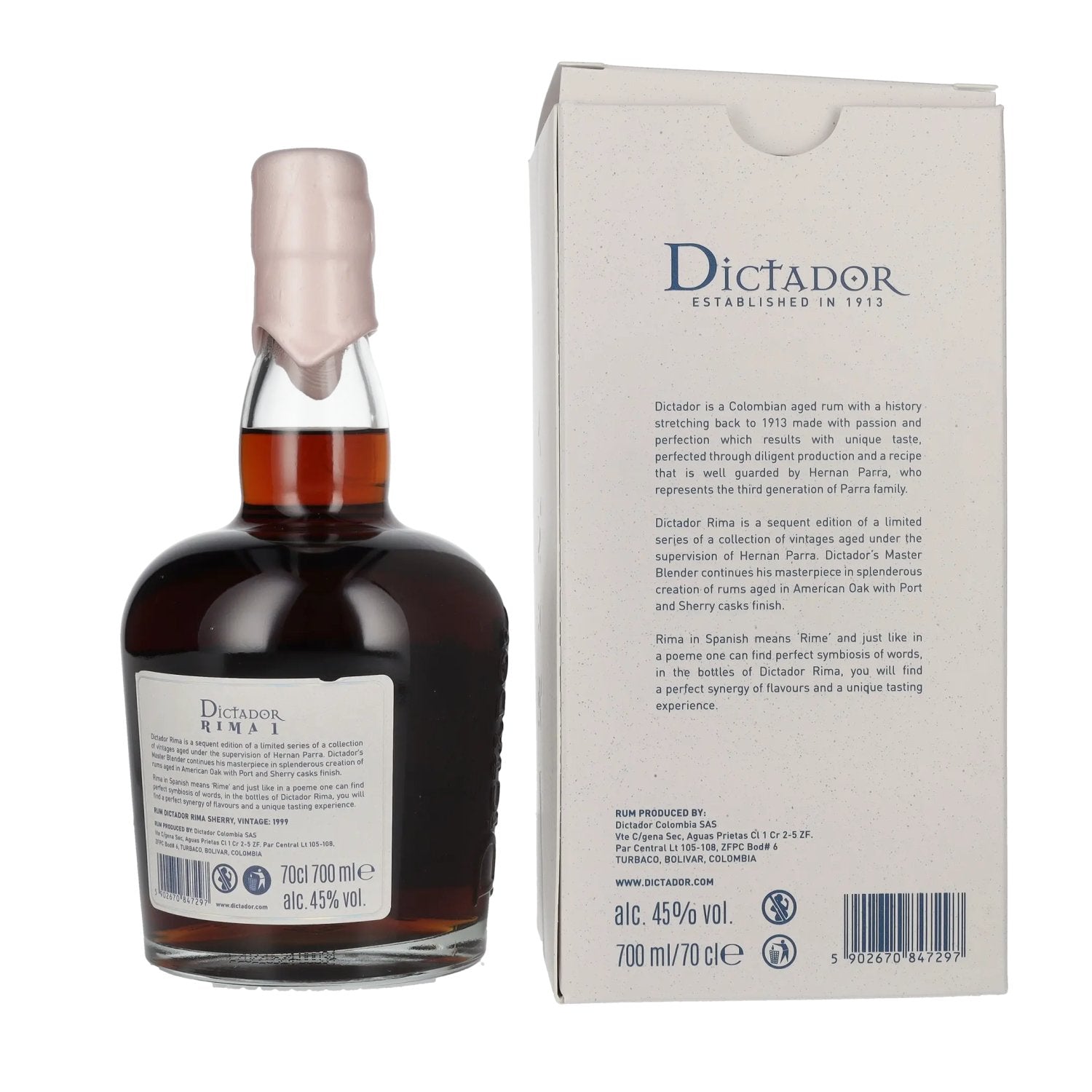 Dictador RIMA 1 23 Years Old SHERRY Cask Vintage 1999 45% Vol. 0,7l en boîte cadeau