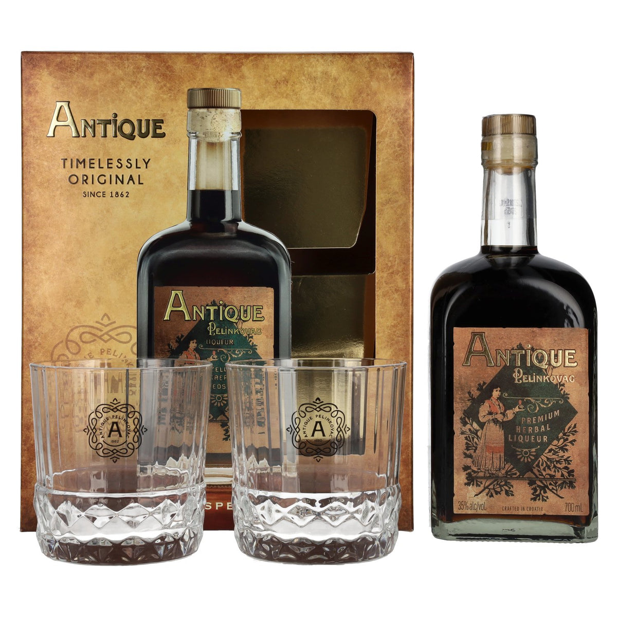 Badel Antique Pelinkovac Premium Herbal Liqueur 35% Vol. 0,7l in Geschenkbox mit 2 Gläsern
