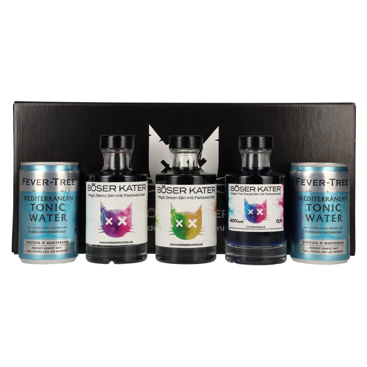 Böser Kater - Coffret de dégustation de gin « Farbwechsel » 40 % vol., 3 x 0,1 l, dans un coffret cadeau avec 2 canettes de Fever-Tree Mediterranean Tonic Water