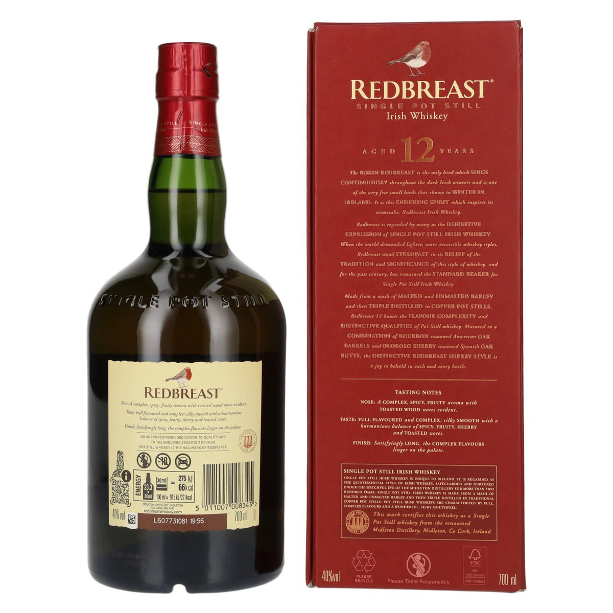 Whisky irlandais Redbreast 12 ans d'âge, Single Pot Still, 40 % vol., 0,7 l, dans un coffret cadeau
