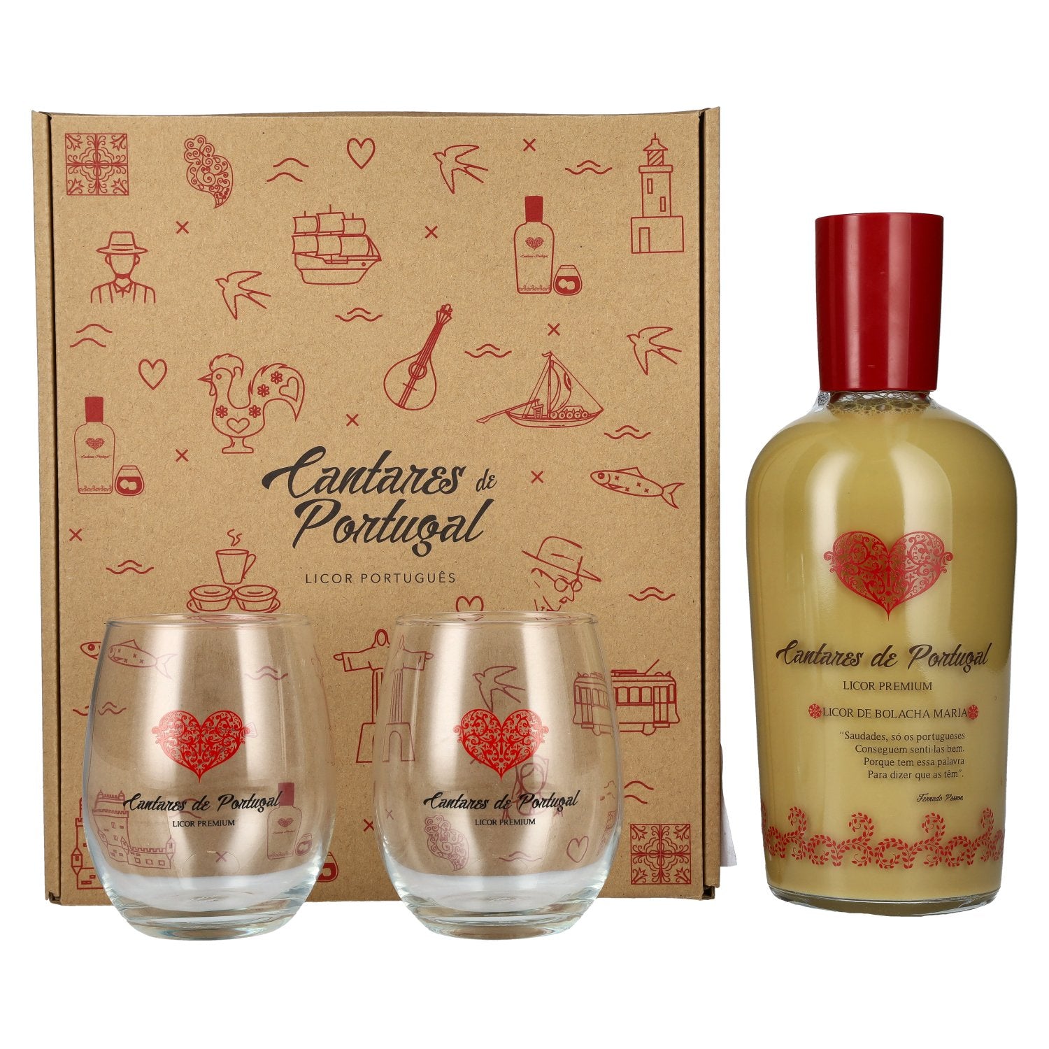 Cantares de Portugal Licor de Bolacha Maria 15% Vol. 0,7l in geschenkverpakking met 2 glazen