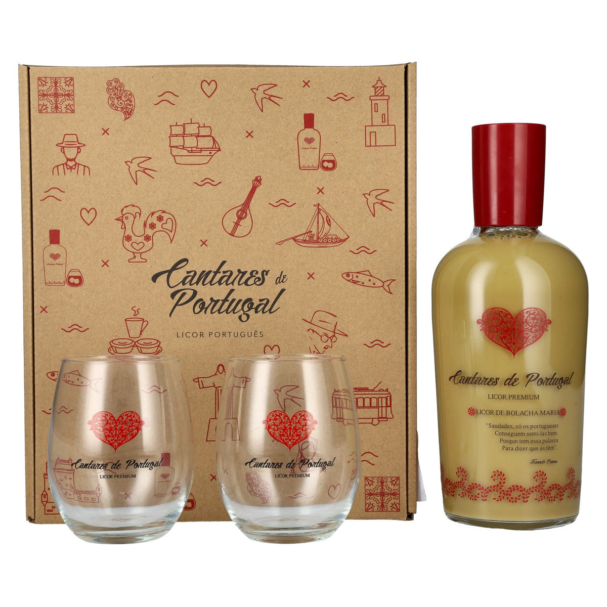 Cantares de Portugal Maria-koekjeslikeur 15% vol. 0,7 l in een geschenkverpakking met 2 glazen