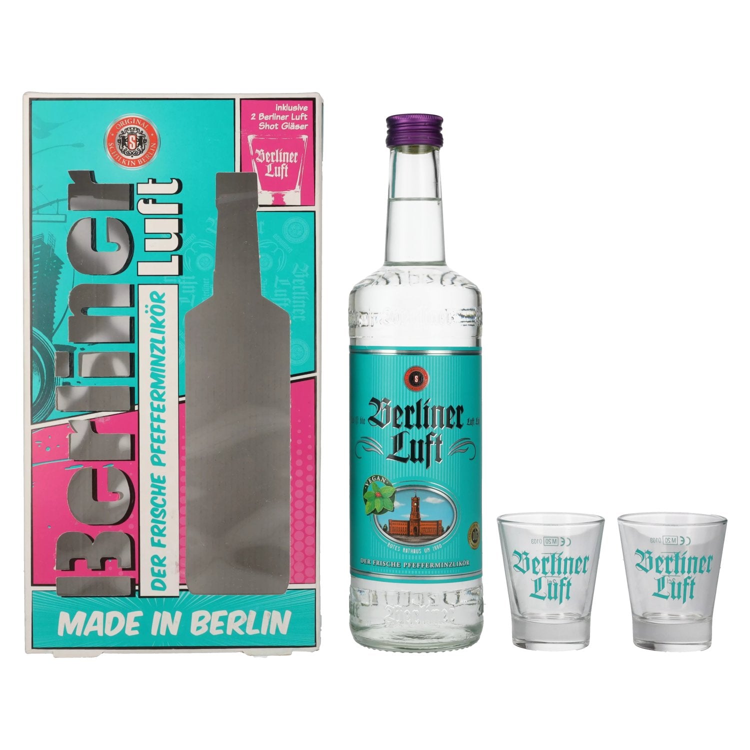 Berliner Luft DER FRISCHE Pfefferminzlikör 18% Vol. 0,7l in Geschenkbox mit 2 Gläsern