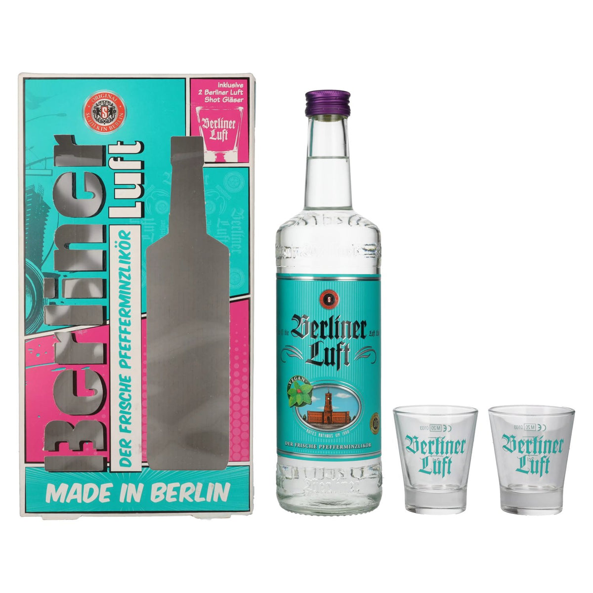 Berliner Luft DER FRISCHE Pfefferminzlikör 18% Vol. 0,7l in Geschenkbox mit 2 Gläsern