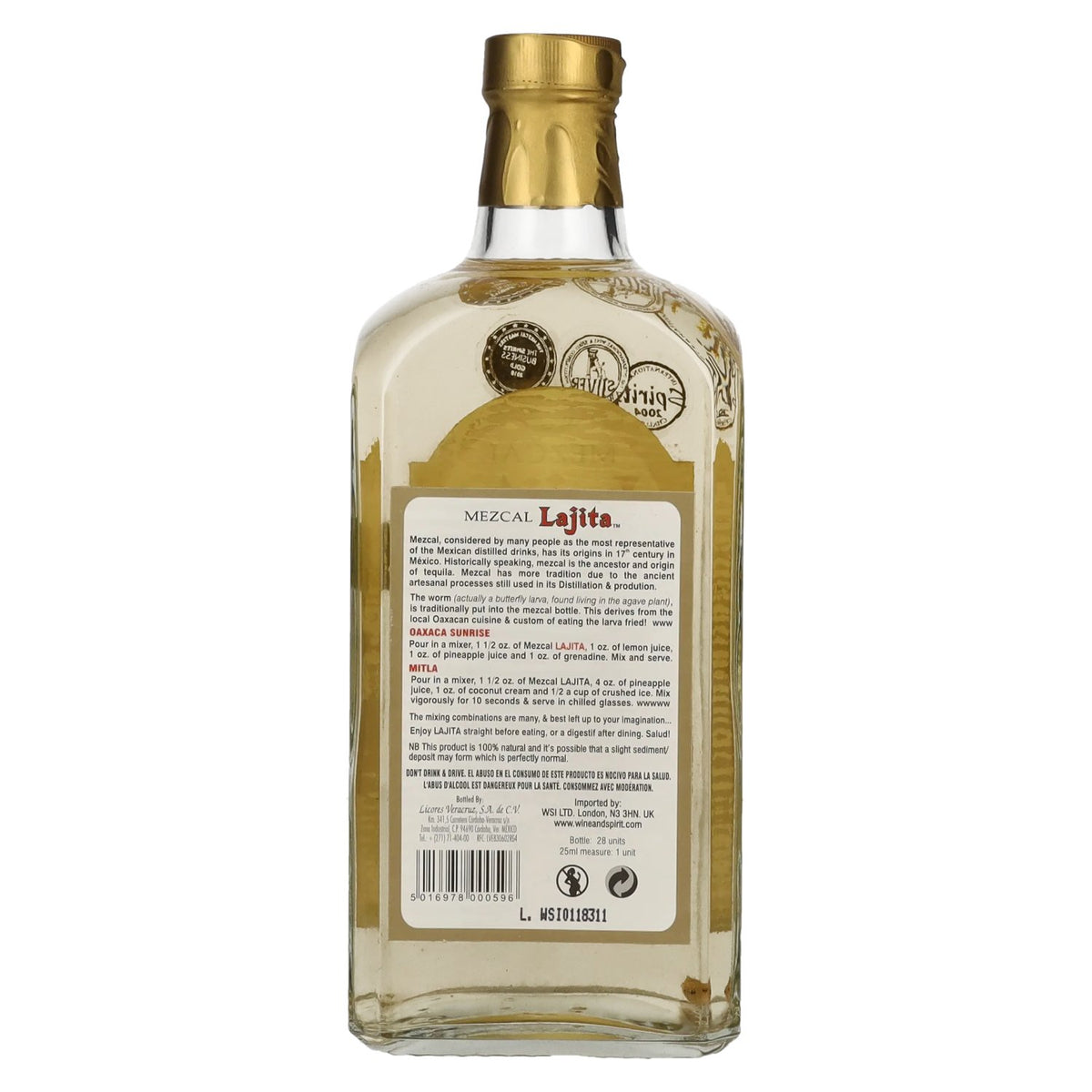 Lajita Mezcal REPOSADO avec ver d'agave, 40 % vol., 0,7 l