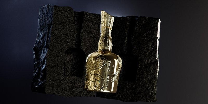 Een gouden fles, versierd, ligt op een donkere, ongelijke rots tegen een donkere achtergrond.