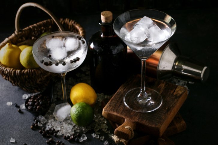 Bild zeigt Martinigläser mit Gin, Eis, Limetten und Zitronen sowie dunkler Flasche